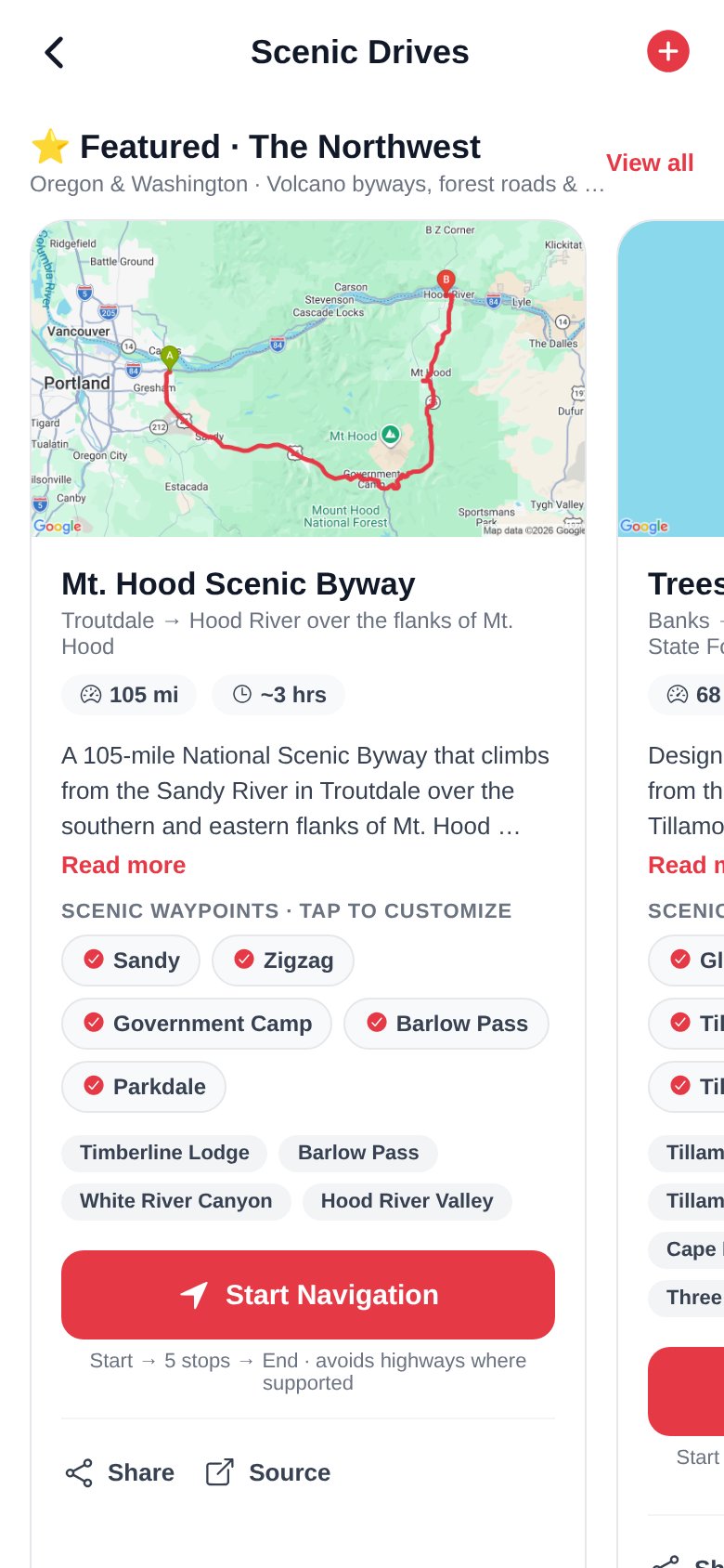 Scenic Drives screen with the Mt. Hood Scenic Byway route map, waypoints, and Start Navigation button