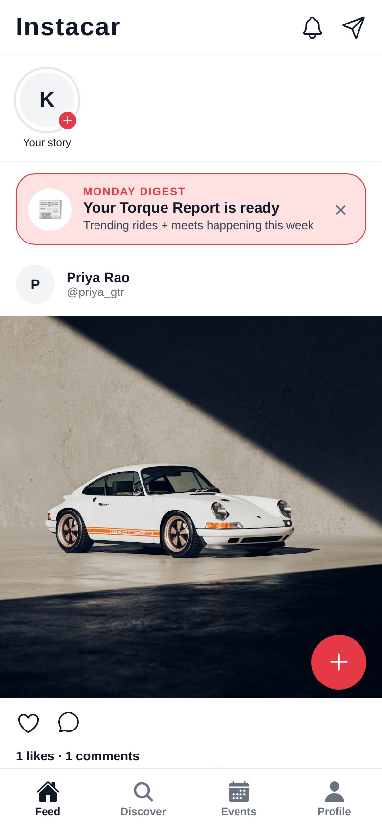 Instacar home feed showing a story bar, Monday Digest card, and a Porsche 911 post