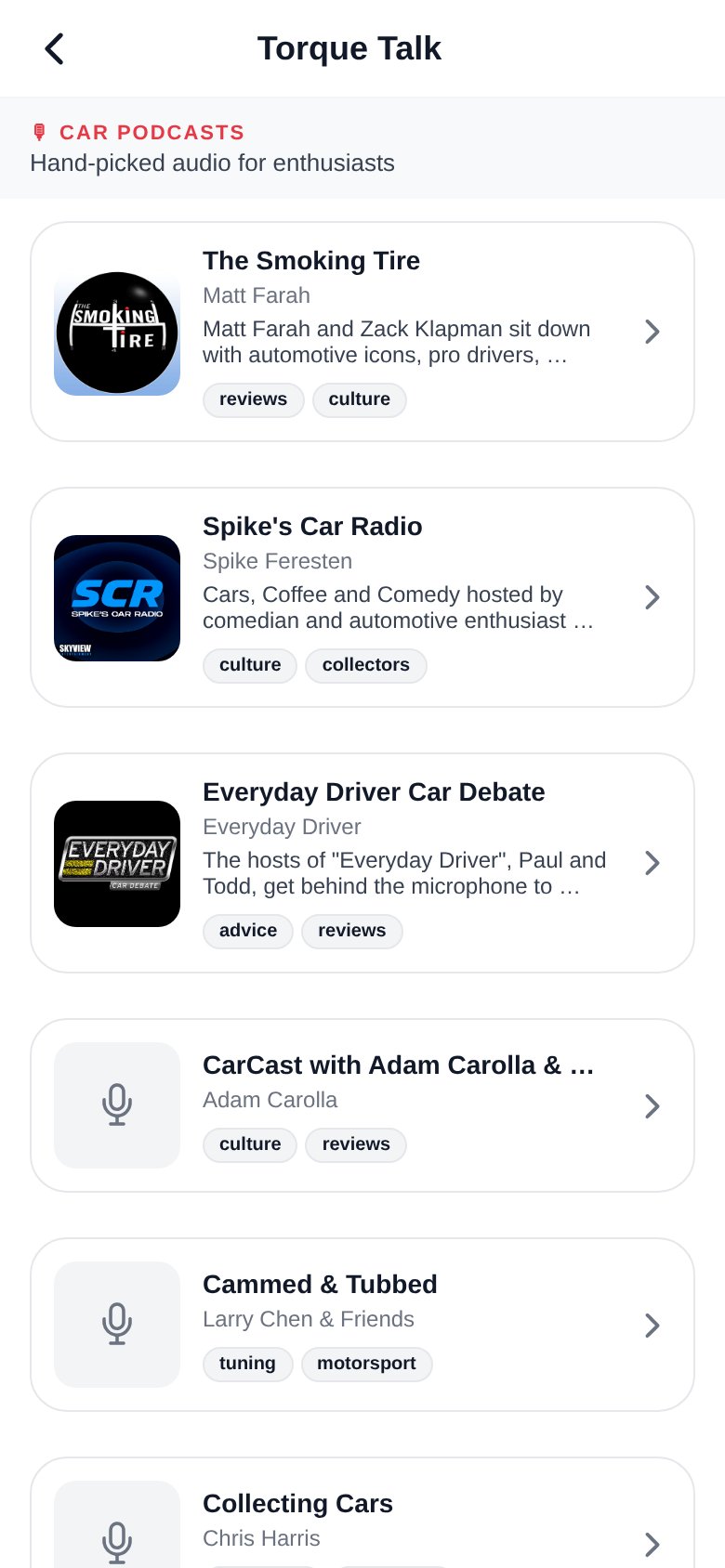 Torque Talk screen listing curated car podcasts like The Smoking Tire and Spike's Car Radio