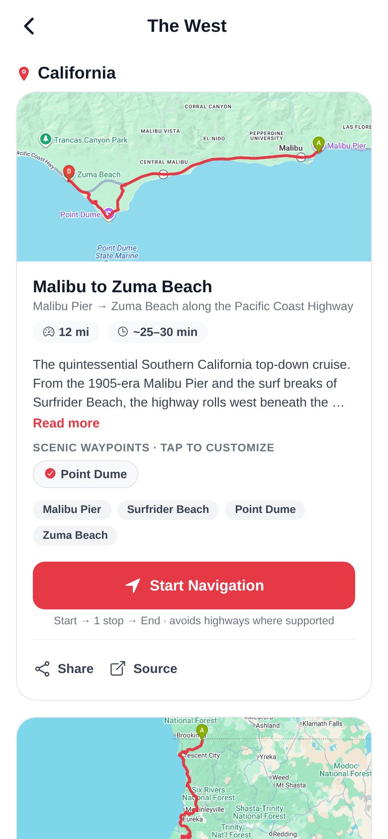 The West region screen showing the Malibu to Zuma Beach route on the Pacific Coast Highway